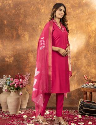 Pink Designer Straight Kurti Pant Dupatta Set With Embroidery And Hand Work 5