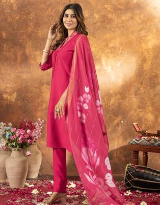 Pink Designer Straight Kurti Pant Dupatta Set With Embroidery And Hand Work 6