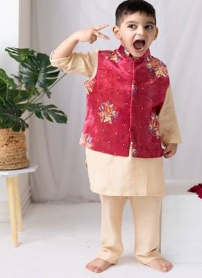 Red printed cotton nehru jacket set 2