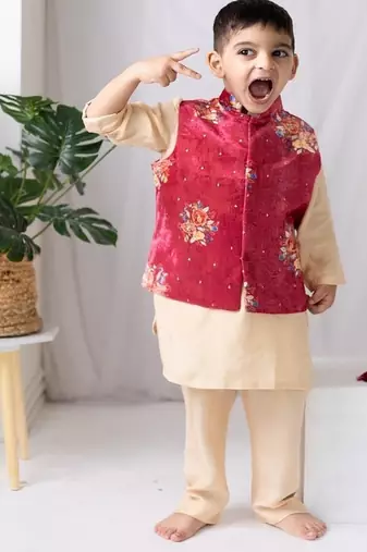 Red printed cotton nehru jacket set