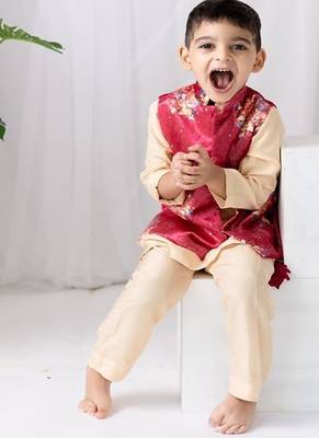 Red printed cotton nehru jacket set 3