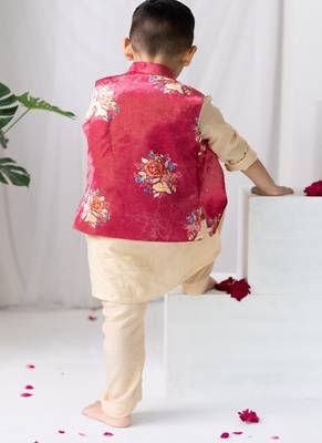 Red printed cotton nehru jacket set 4