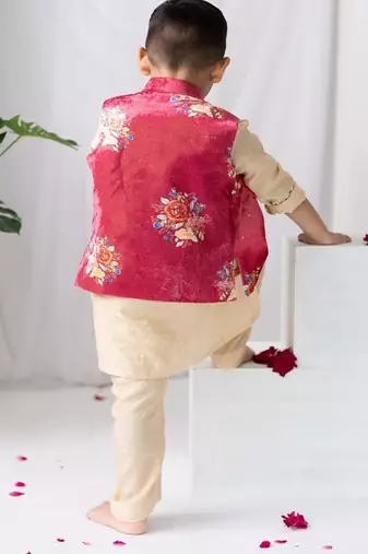 Red printed cotton nehru jacket set