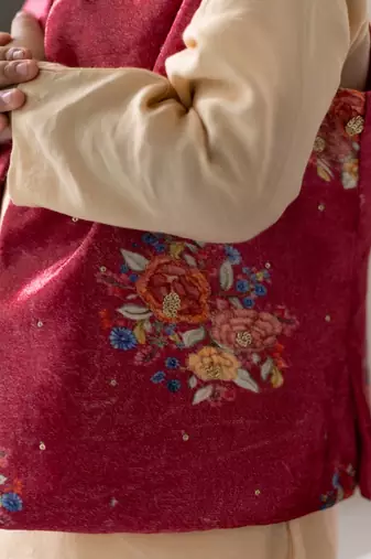 Red printed cotton nehru jacket set