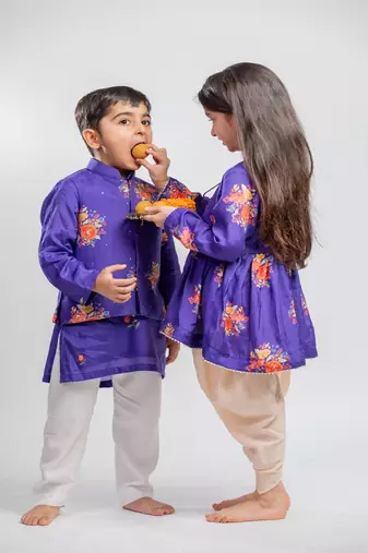 Purple printed cotton kurta set