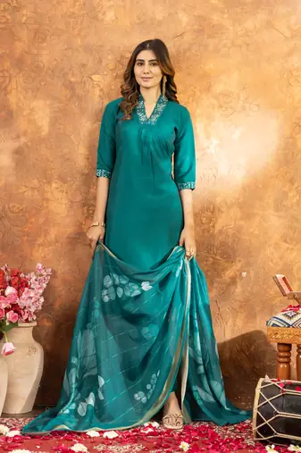 Rama  Designer Straight Kurti Pant Dupatta Set With Embroidery And Hand Work