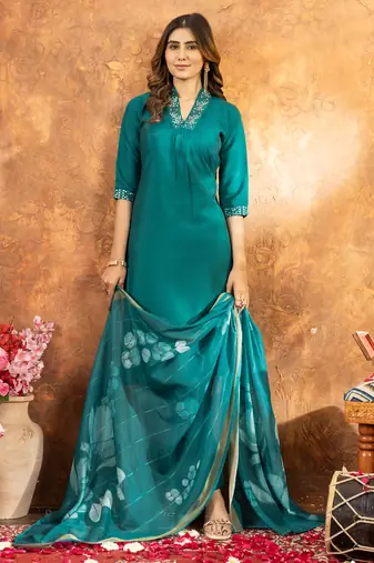 Rama  Designer Straight Kurti Pant Dupatta Set With Embroidery And Hand Work