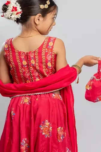 Red printed cotton lehenga