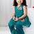 Green printed cotton kurta set with hair clip & potli bag.