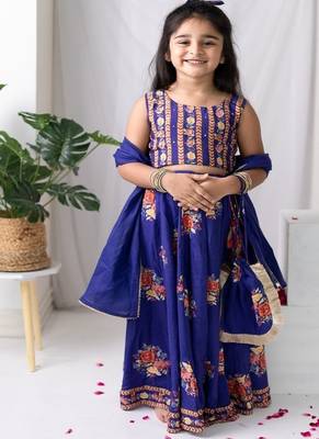 Purple printed cotton lehenga with hair clip & potli bag. 3