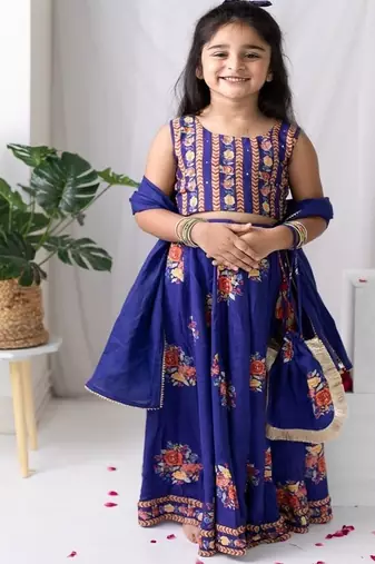 Purple printed cotton lehenga with hair clip & potli bag.