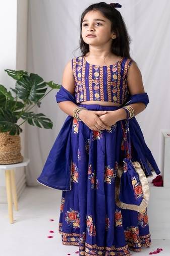 Purple printed cotton lehenga with hair clip & potli bag.