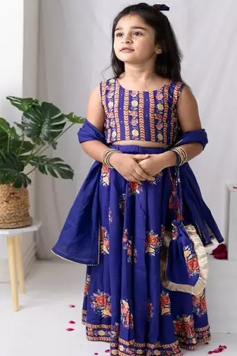 Purple printed cotton lehenga with hair clip & potli bag.