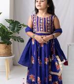 Purple printed cotton lehenga with hair clip & potli bag.