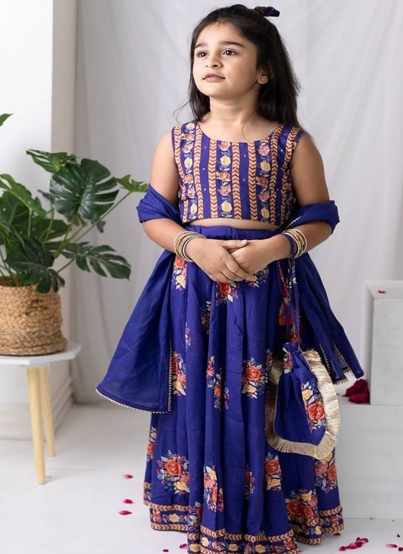 Purple printed cotton lehenga with hair clip & potli bag.