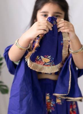 Purple printed cotton lehenga with hair clip & potli bag. 5