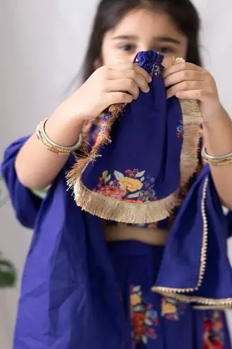 Purple printed cotton lehenga with hair clip & potli bag.