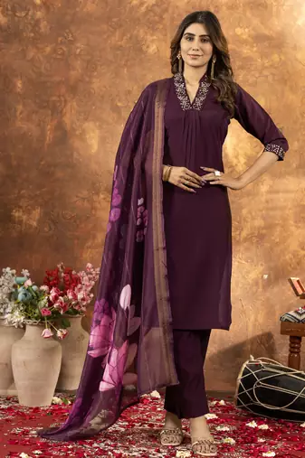 Wine Designer Straight Kurti Pant Dupatta Set With Embroidery And Hand Work