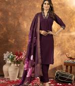 Wine Designer Straight Kurti Pant Dupatta Set With Embroidery And Hand Work