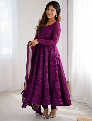 Wine Cotton lucknowi sequin anarkali set  1