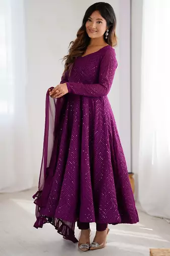 Wine Cotton lucknowi sequin anarkali set 