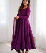 Wine Cotton lucknowi sequin anarkali set 