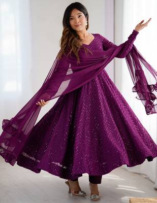 Wine Cotton lucknowi sequin anarkali set  2