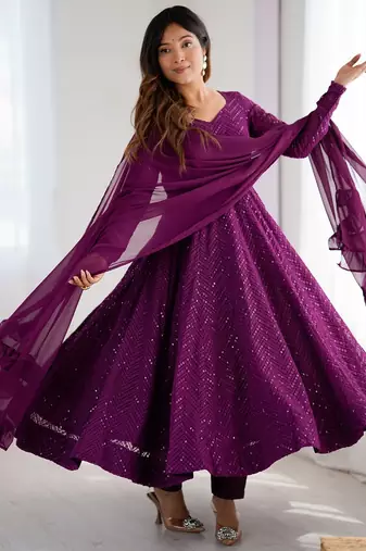 Wine Cotton lucknowi sequin anarkali set 