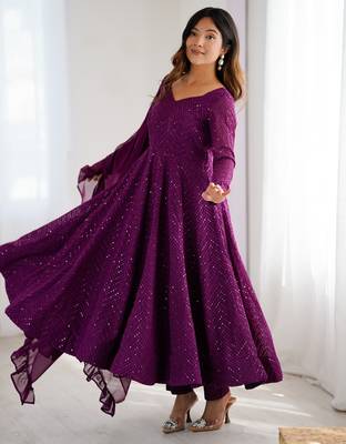 Wine Cotton lucknowi sequin anarkali set  3