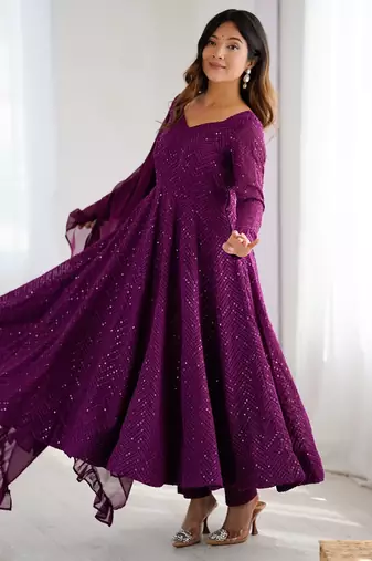 Wine Cotton lucknowi sequin anarkali set 