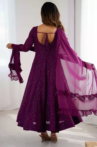 Wine Cotton lucknowi sequin anarkali set 