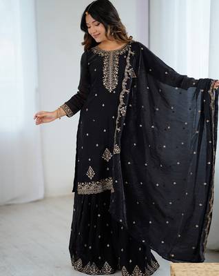 black embroidered sharara set in crunchy silk fabric 1