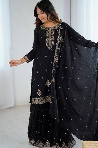 black embroidered sharara set in crunchy silk fabric