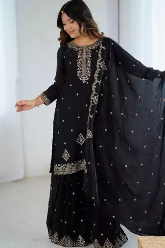 black embroidered sharara set in crunchy silk fabric