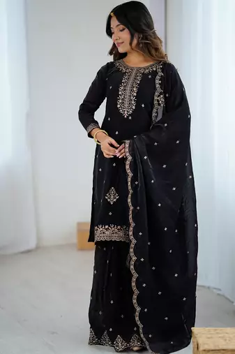 black embroidered sharara set in crunchy silk fabric