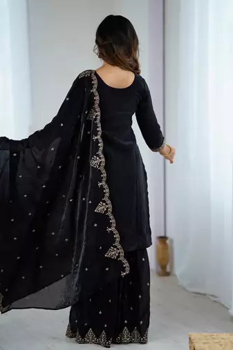 black embroidered sharara set in crunchy silk fabric