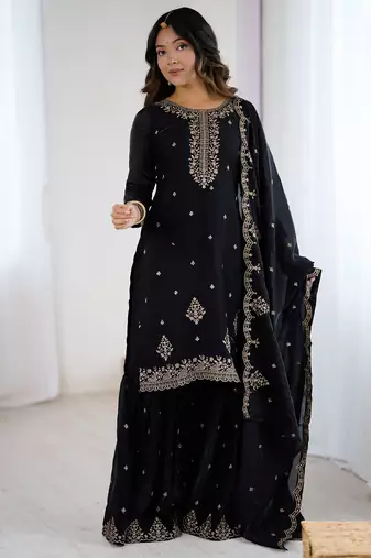 black embroidered sharara set in crunchy silk fabric