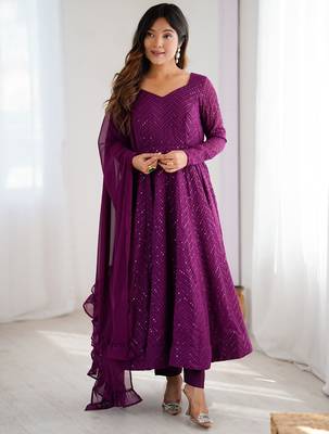 Wine Cotton lucknowi sequin anarkali set  5