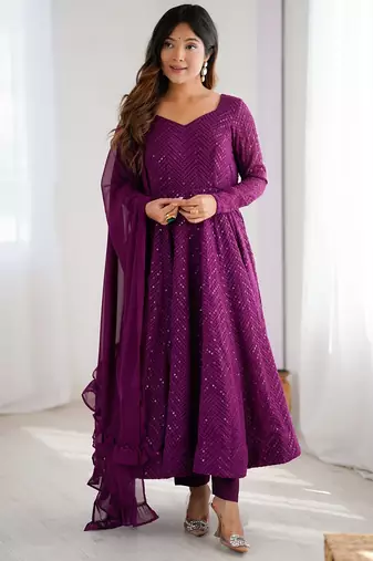 Wine Cotton lucknowi sequin anarkali set 