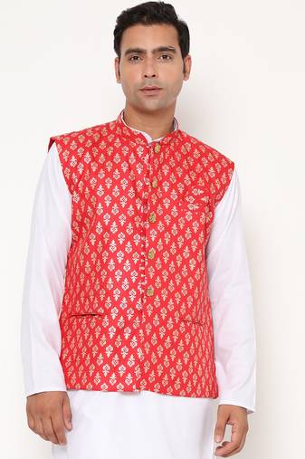 Elegant red nehru jacket with golden floral motif accents.