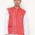 Elegant red nehru jacket with golden floral motif accents.