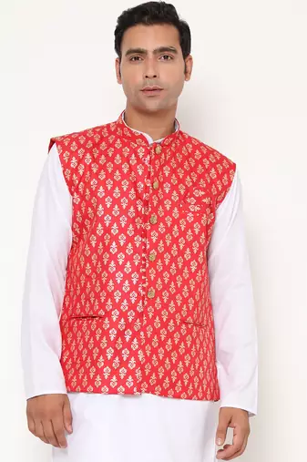 Elegant red nehru jacket with golden floral motif accents.