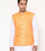 orange nehru jacket with golden floral motif accents.