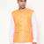 Elegant orange nehru jacket with golden floral motif accents.