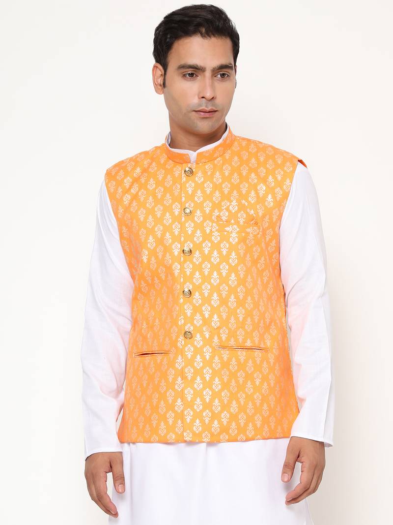 Elegant orange nehru jacket with golden floral motif accents.