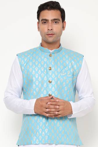 Elegant sky blue nehru jacket with golden floral motif accents.