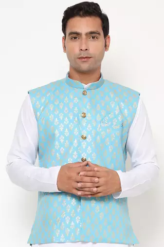 Elegant sky blue nehru jacket with golden floral motif accents.