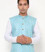 sky blue nehru jacket with golden floral motif accents.