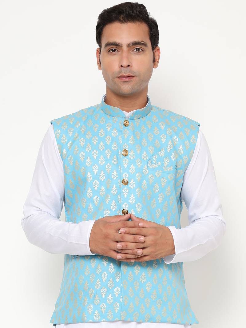 Elegant sky blue nehru jacket with golden floral motif accents.