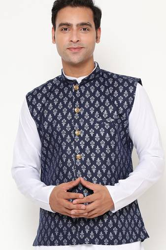 Elegant navy blue nehru jacket with golden floral motif accents.